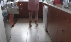 Submissive Sissy Dishwashing in High Heel Mules and Ankle Cuffs