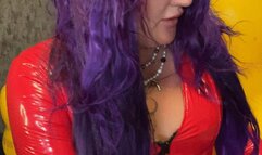 Val in red latex piping balloons