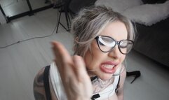 Drenched in drool and fully controlled — he holds her by the strap and pushes deeper again and again