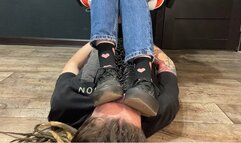 Slave's face as a footstool under My dirty Vans sneakers, socks and sweaty bare feet