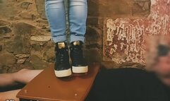 Guess sneakers, white socks and black nylon before he could explode a fountain of cum under my bare feet