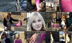 Beatrice Term LLWC Cobblestone Stair Struggle on Crutches with and without Cast Sock & Foot Play (in HD 1920X1080)