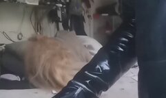 Smoking in a nice leather outfit wearing pvc gloves