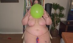 BBW blows up and pops balloons while she rides