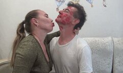 Hot red lipstick kisses for boy