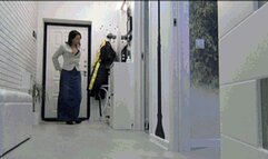 Barefoot under a long denim skirt c