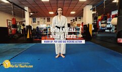Bella Karateka white gi karate warm up, POV and bag kicking action