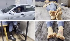 Chloe returns from shopping and gives her tired feet a rest