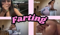 Farting in the elevator + peeing and farting in the toilet + farting on the table and chair