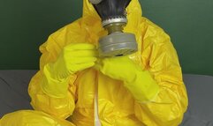 new yellow hazmat suit and gas mask