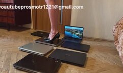 New video, Nastya walks and tramples many laptops, steps on them with her beautiful legs, in heels, in sneakers, and just barefoot Nastya also spits on them, sits down with her juicy ass, and masturbates