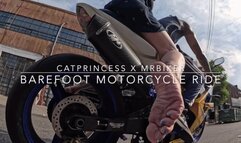Barefoot motorcycle ride on a sunny NYC day, sexy size 9 milf soles, blue toes, flip flop drop, dirty feet, long tattooed legs