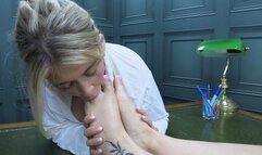 Bitch Librarian Darcy May introduces Karlie Simon to the fines system at the foot fetish library MP4