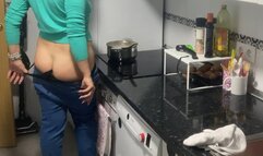 Bloated belly, butt crack jeans farting in the kitchen