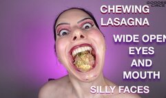 CHEWING LASAGNA - WIDE OPEN EYES AND MOUTH - SILLY FACES
