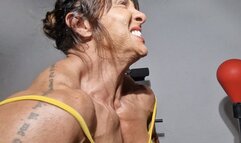 New ! FBB workout traps huge back wide muscle neck chest pecs grunting full giantess muscle view yellow new top looking massive