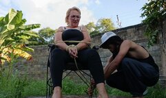 Two people tie mature woman with rope and tickle her very badly (1)