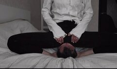 I enjoy watching the slave between my legs trying to gasp for air ( Facesitting in office pants)