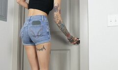 Desperate Locked Door in Shorts and Heels