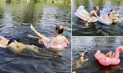 Chloe and Nastya pop each other's inflatables and panic