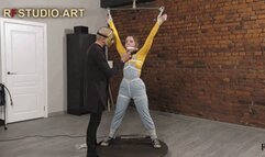 Arina in X-Position Standing Bondage in Denim Overalls (UHD 4K MP4)