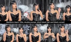 Marlboro black 100s, double pumps, short black hair and black corset!