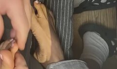 Melove getting a massage on her sexy small feet before grabbing Naelor's punishing tool