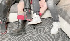 Three guys, two pairs of sneakers