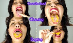 Pink Lipstick + Chewing crunchie food + Mouth Play + Burping