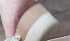 Mature nurse scholl wooden clogs feet soles tickled at work