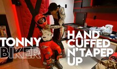 Tonny Biker Handcuffed and Taped Up by his biker friend (1080p) Gay Bondage - Gay Domination - Biker Gear - Handcuffs - Tape Bondage - BDSM
