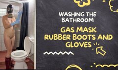 washing the bathroom in gas mask