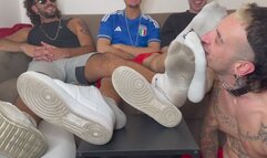 Dirty shoes, smelly socks and dirty feet for Mattew by these 3 young Alpha Male...