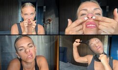 Helga plays with her nose, makes pig nose and and puts a stocking on her head