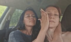 Face slapping and hand fetish sitting in the car 2 F