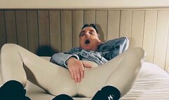 Show off and masturbation in white vinyl leggings