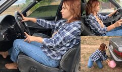 Kate revving and popping balloons with exhaust pipe