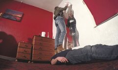 Stepping On His Body To Clean The Mirror FLOOR CAM