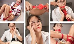 ballgag struggling hogtied rope bongage tight Glasses spectacles stockings High heel teacher student role play