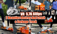 VR 3D 5,7K 180 60 fps | A large garbage truck hits two girls - the girls crush and destroy the garbage truck to pieces with their sneakers, socks, and bare feet.
