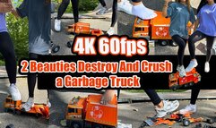 4k 60 fps | A large garbage truck hits two girls - the girls crush and destroy the garbage truck to pieces with their sneakers, socks, and bare feet.
