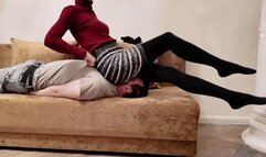 I sat comfortably on his face in street tights. (Facesitting, human furniture)
