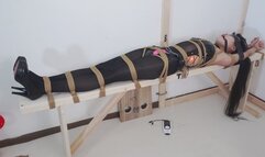 A sexy woman was tied up to a bench.