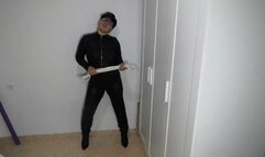 Slave cums on leather pants e