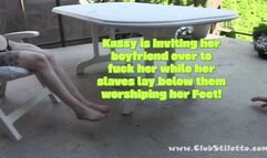 Kassy talks to Boyfriend while slaves Worship Feet