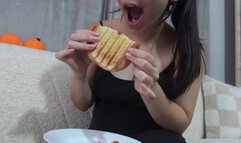 indian stepsister eats food and has food orgasm she really loves to eat and talks about how much she loves to eat then she looks at her belly and sees that she is fat so she feels fat but she still loves the food and
