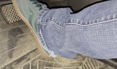 Green sneakers on the pedals!