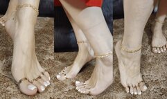 Golden Anklets, White Toenails & Wrinkled Soles – Barefoot Play in a Red Dress