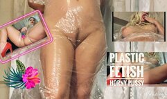 Plastic fetish, horny pussy