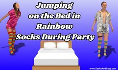 Jumping on the Bed in Rainbow Socks During Party - Silk Pajamas - Nude - Striped Socks